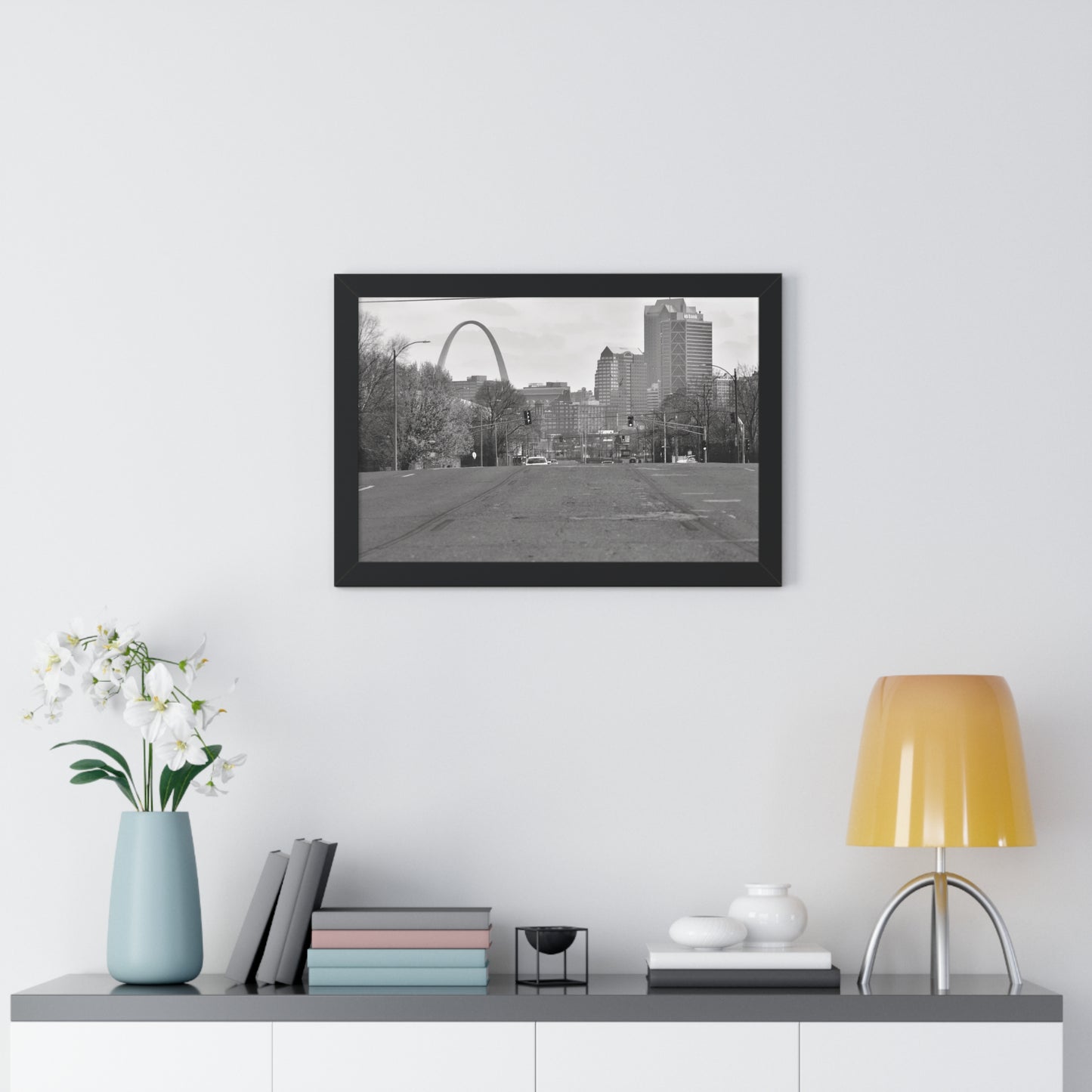 STL Arch Streetview Framed B&W Horizontal Poster