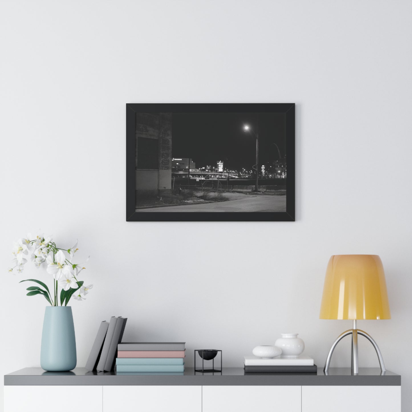 STL Arch Night View Framed B&W Horizontal Poster