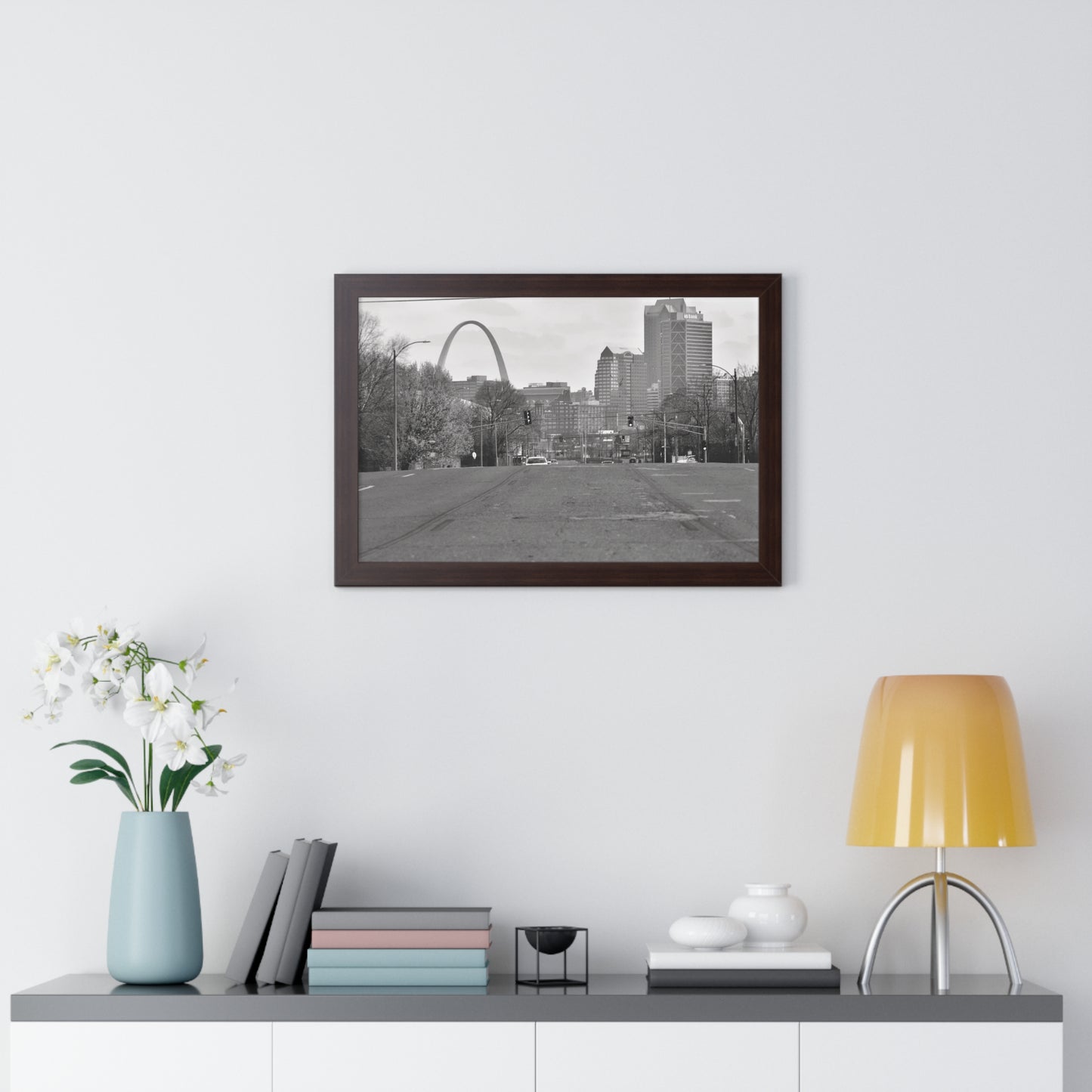 STL Arch Streetview Framed B&W Horizontal Poster