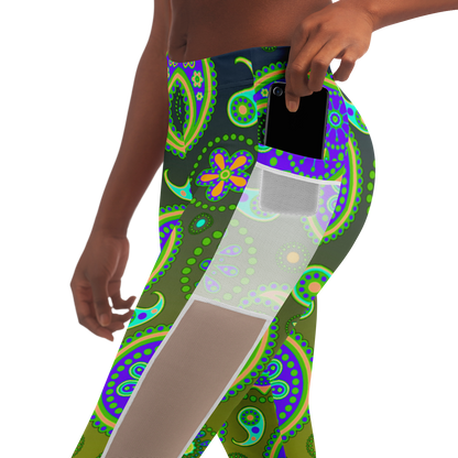 Paisley Green V1.1 Mesh Pocket Leggings